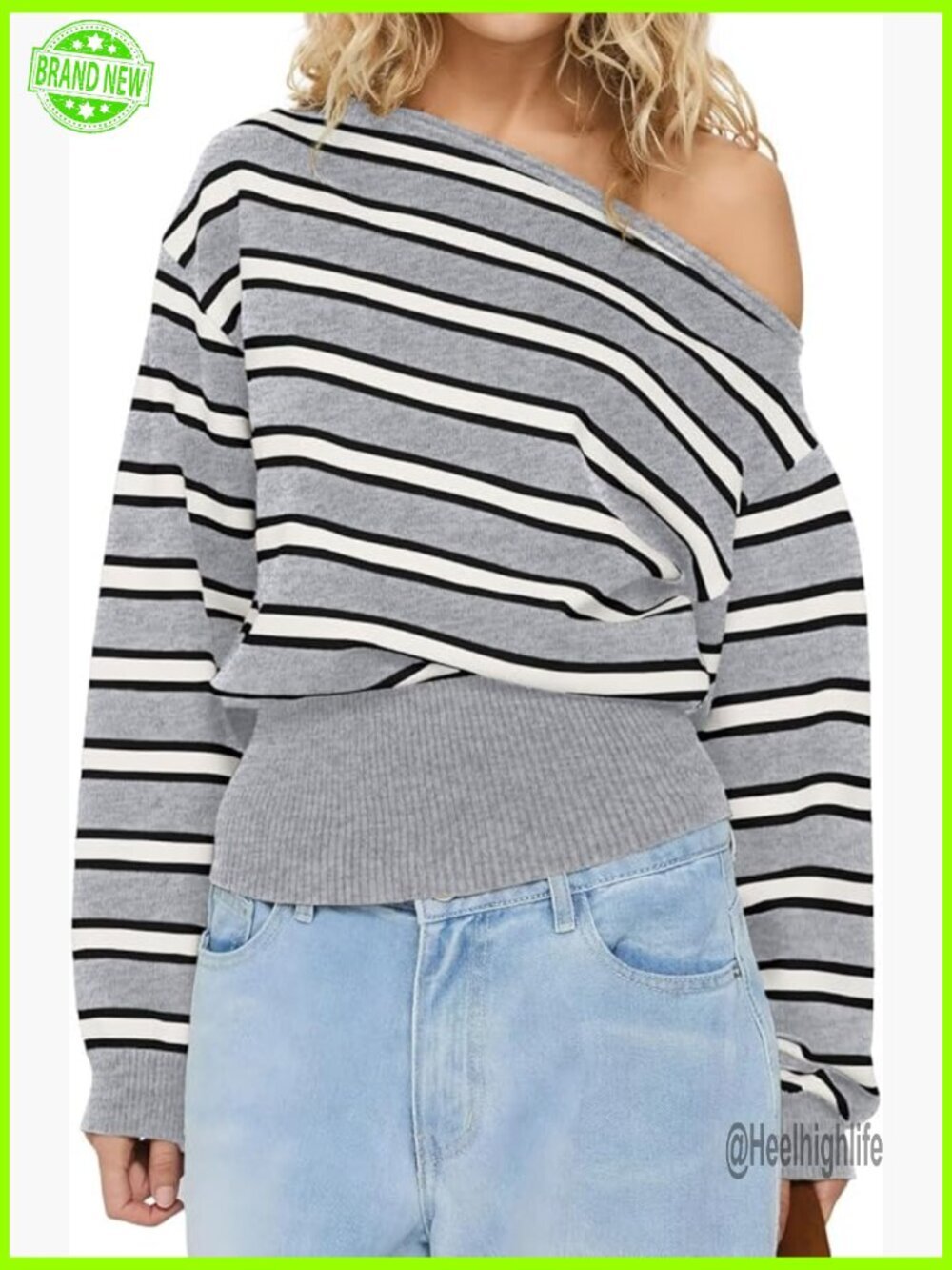 Off Shoulder Striped Crop Sweater Asymmetric Long Sleeve Knit Pullover Y2K Top